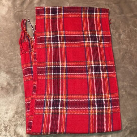 Unisex Red Multicolored Plaid Tasseled Scarf - Picture 2 of 7